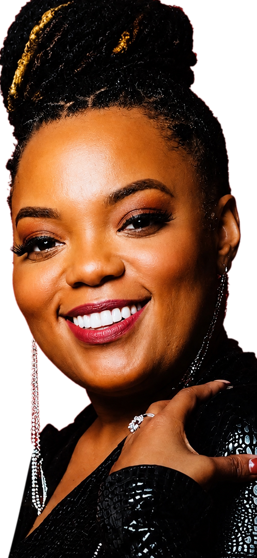 Full cutout portrait of Erica Denise against a seamless red backdrop